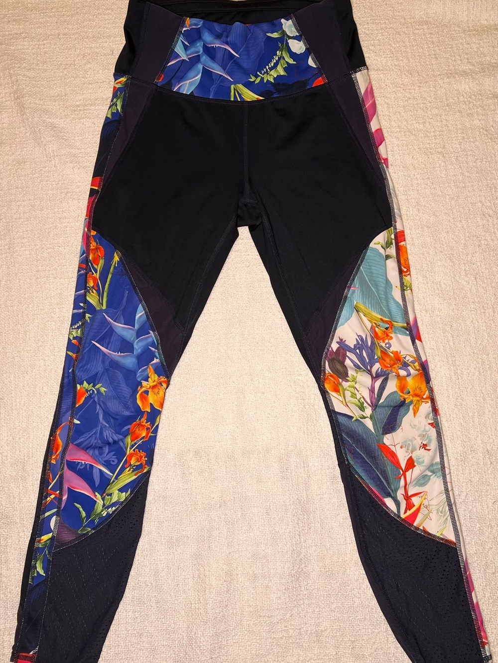 Athleta Soft and Comfy Leggings with Blue and Multicolor Floral Panels
